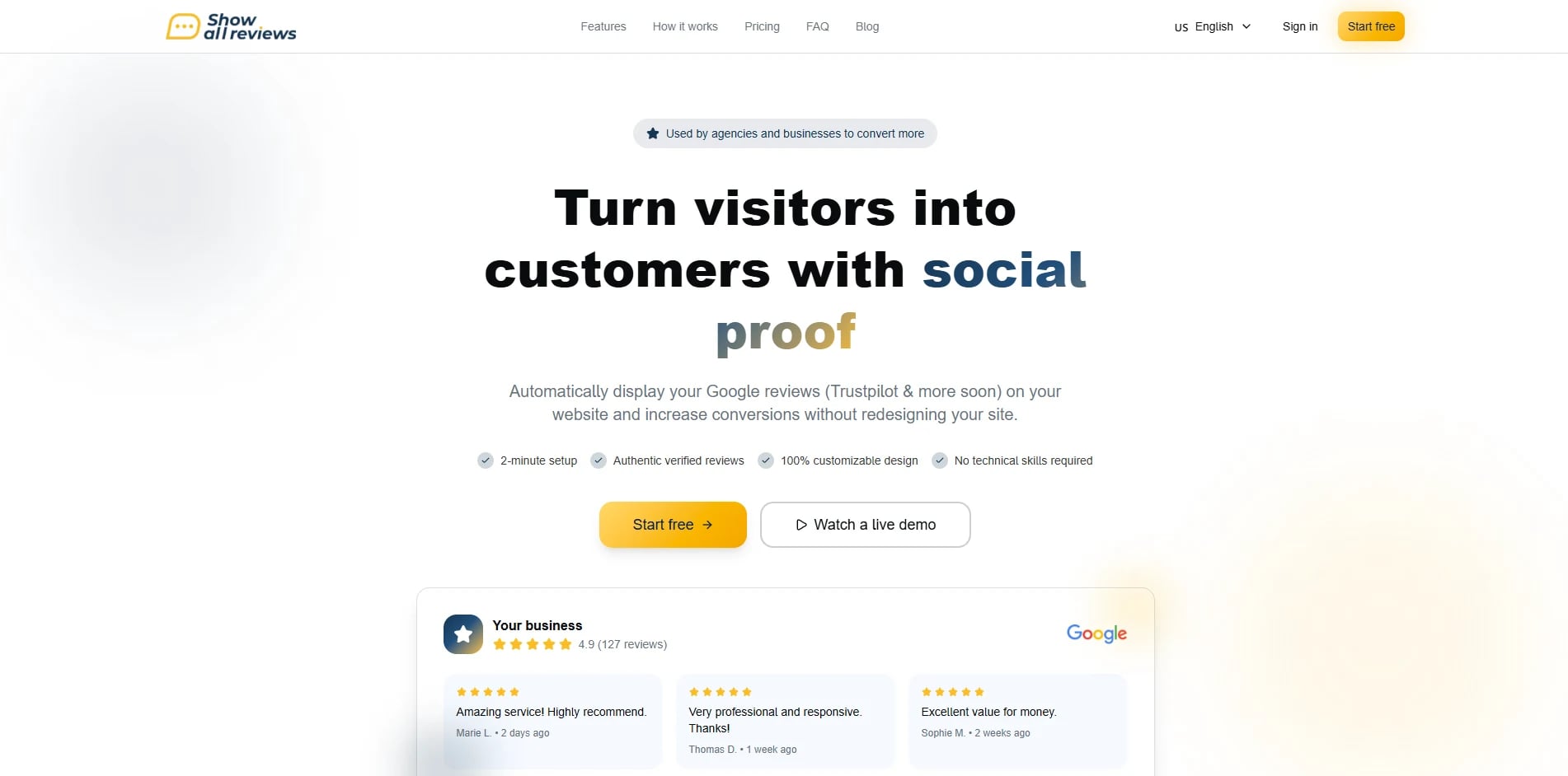 ShowAllReviews product website with its review widget preview and start-free call to action.